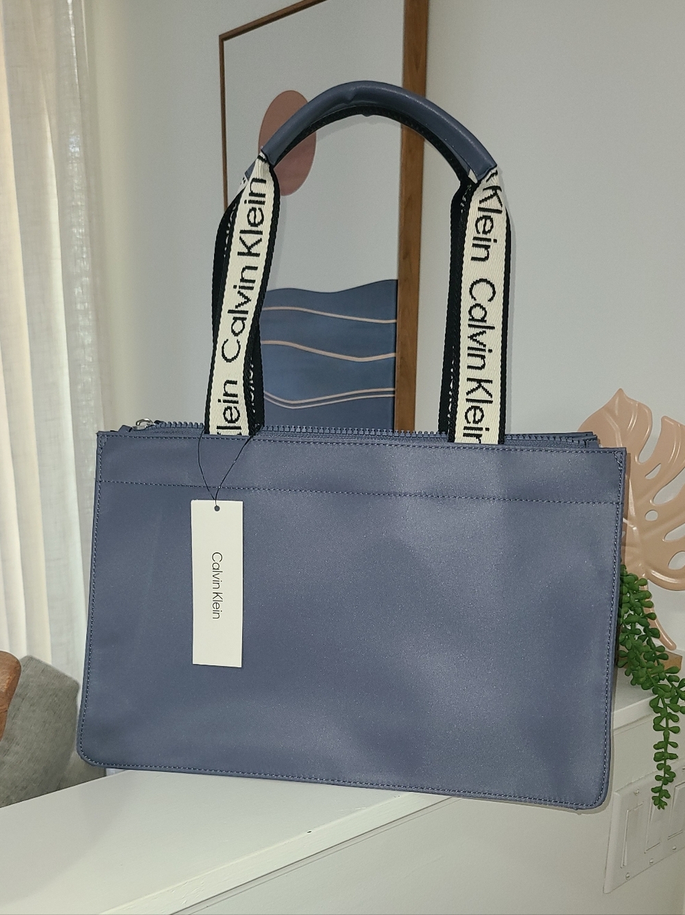 NWT! Calvin Klein Dusty Blue Tote with Branded White & Black Straps - Picture 3 of 13